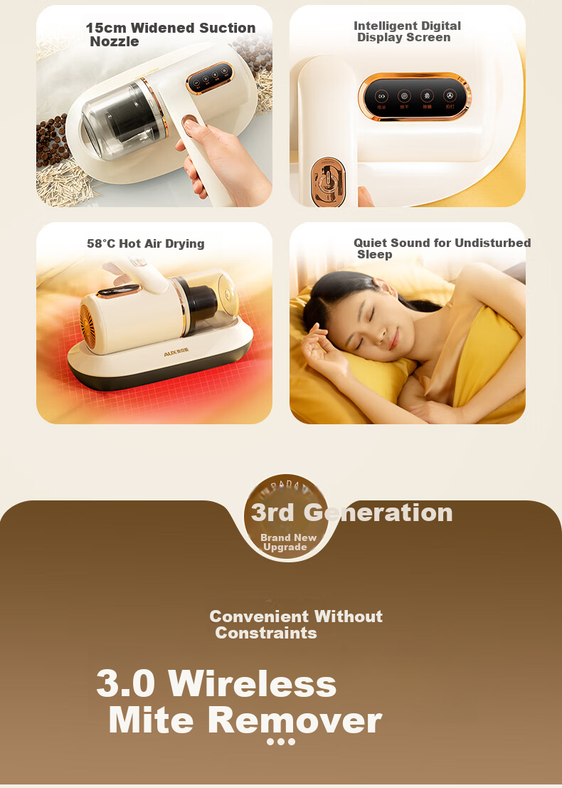 AUX Cordless Dust Mite Remover, Handheld Small Bed Vacuum Cleaner, Powerful Suction for Bed, Antibacterial And Mite-Removing Dust Extractor, Beating AXC-11DC59B, Coconut Milk White + 3 Filter Cartridges 3