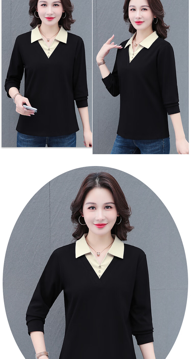 Woodpecker Women's Long Sleeve Polo Shirt Fake Two-Piece Autumn New Large Size Base Shirt Blue 3XL 10