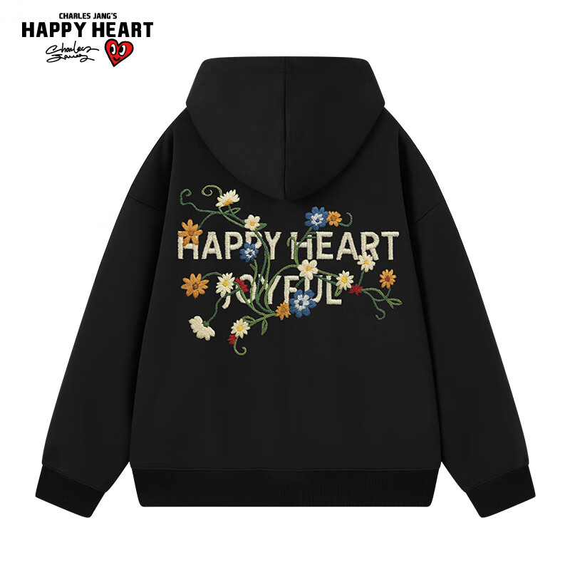 Charles Peach Heart New Autumn Love Embroidery Print Couple Jacket American Style Hooded Versatile Cardigan Sweatshirt Black S