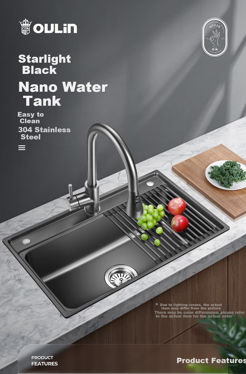 OULIN Kitchen Sink, Large Single Bowl, Undermount Basin, Vegetable Washing Sink, Three-Hole Series, Integrated Basin, Nano SUS304 Stainless Steel, 616H 3
