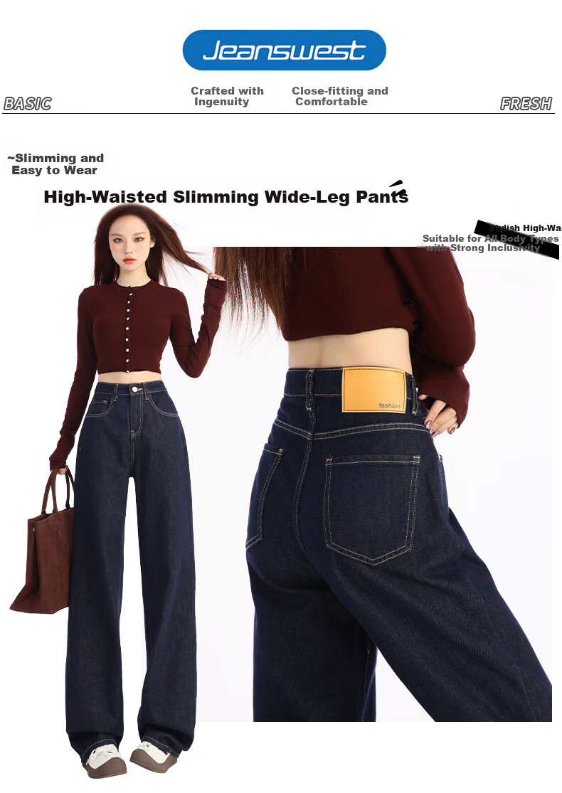 Jeanswest Women's Summer Wide-Leg Straight High-Waist Slim Fit Lightweight Narrow Blue Jeans, Size S 3