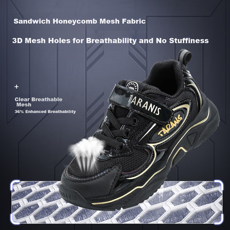 TARANIS Spring Boys' Dad Shoes, Sneakers with Soft Soles, Non-Slip Casual Shoes, Children's Shock-Absorbing Jogging Shoes, Black/gold Color, Size 27