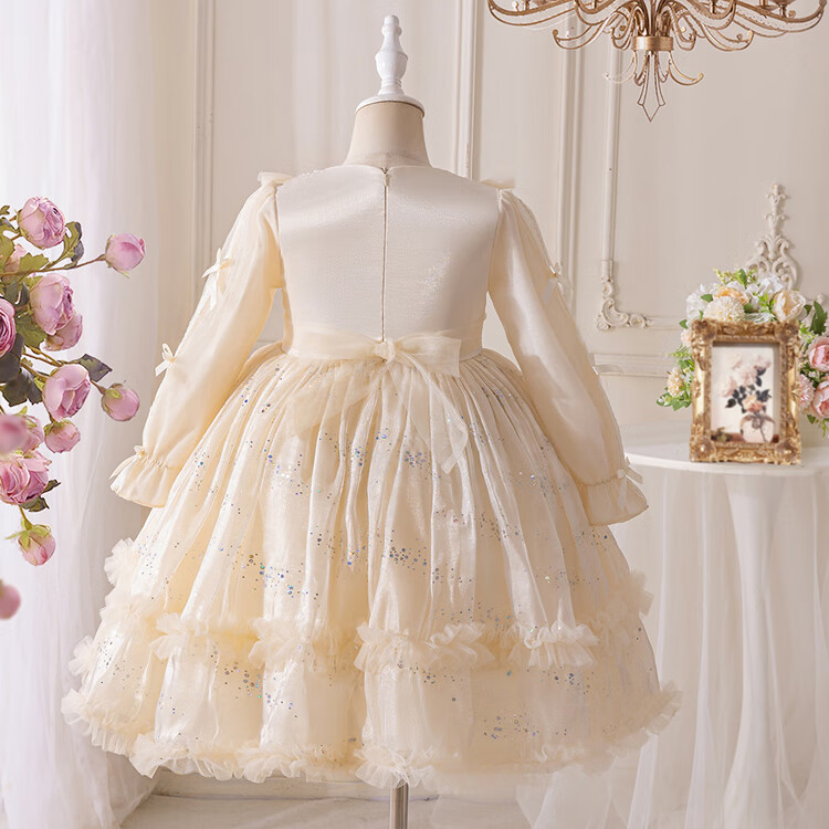 LUOBOBEIBEI Girls Princess Dress Autumn Long Sleeve Puff Dress Fashion Show Wedding Dress for Girls Champagne Color 150cm 3