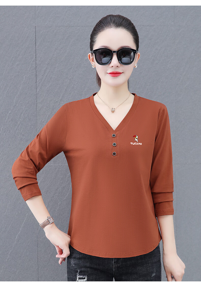 Woodpecker V-Neck Raglan Long Sleeve T-Shirt Women Autumn New Pure Cotton Fashion Casual Plus Size Base Shirt Top Gray Green 2XL 8