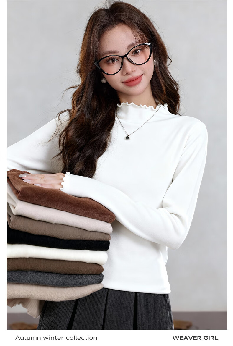 MJ STYLE Ruffled Edge Fleece-Lined Slim Fit Thermal Long Sleeve Top for Women Winter 2026 2