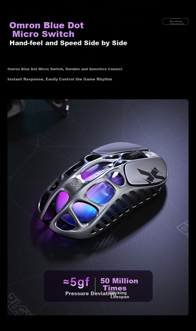 GravaStar Wireless/wired Bluetooth Gaming Mouse, Three-Mode Mouse for Home And Office Use, 56g Lightweight Long Battery Life Hollow Mouse, Chaojia X AIR Exploration Black 7