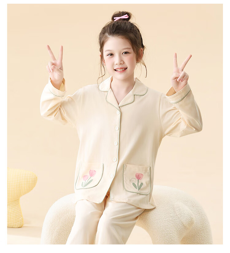 Bingxue Kapok Children's Pajamas Girls' Pure Cotton Class A Spring and Autumn Cardigan Set Long Sleeve Pants Homewear Two-Piece Set for Older Kids 3