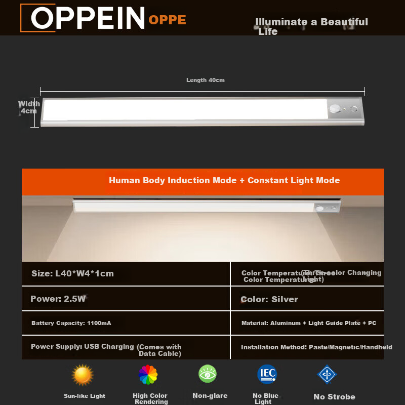 Oupai Intelligent Sensor Cabinet And Wardrobe Light, LED Motion-Sensing Cabinet Light, Bedside Lamp, Hallway Entrance Light