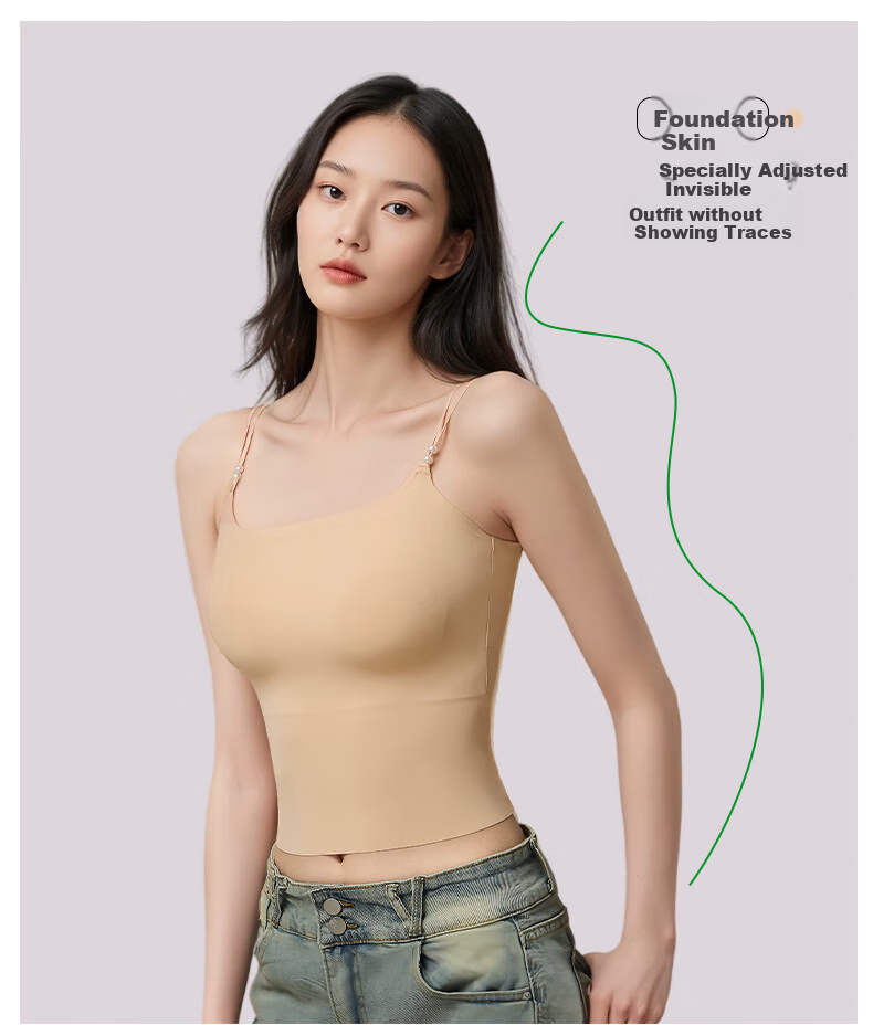 Caobenchuse Women's Camisole Bra, Invisible Seamless with Built-In Pads, Lightweight Pearl Thin Strap Undershirt for All Seasons 16