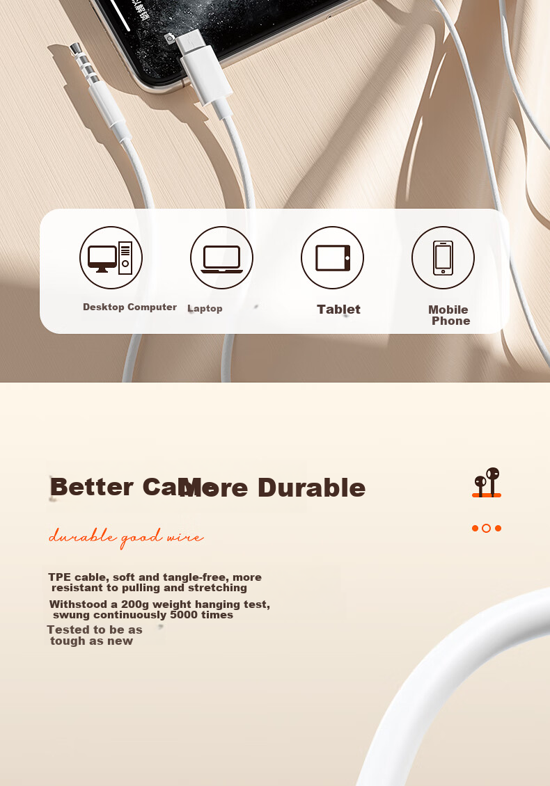 HP DHH-1112A Wired Earphones Semi-In Type-C Interface Compatible with Apple And Android, White, Level 4 And 6 10