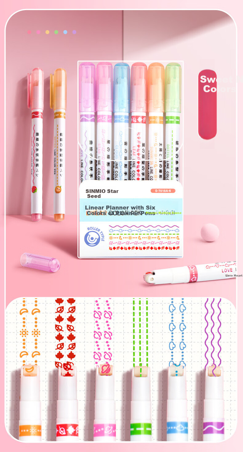 Shaonianban Fluorescent Pen Marking Pen, Student Floral Pattern Outline Pen, Journal Colorful Floral Pattern Curve Pen, Floral Line Drawing Pen, Floral Edge Marker Pen, 6-Piece Set, 7008 Exam Seaso 4