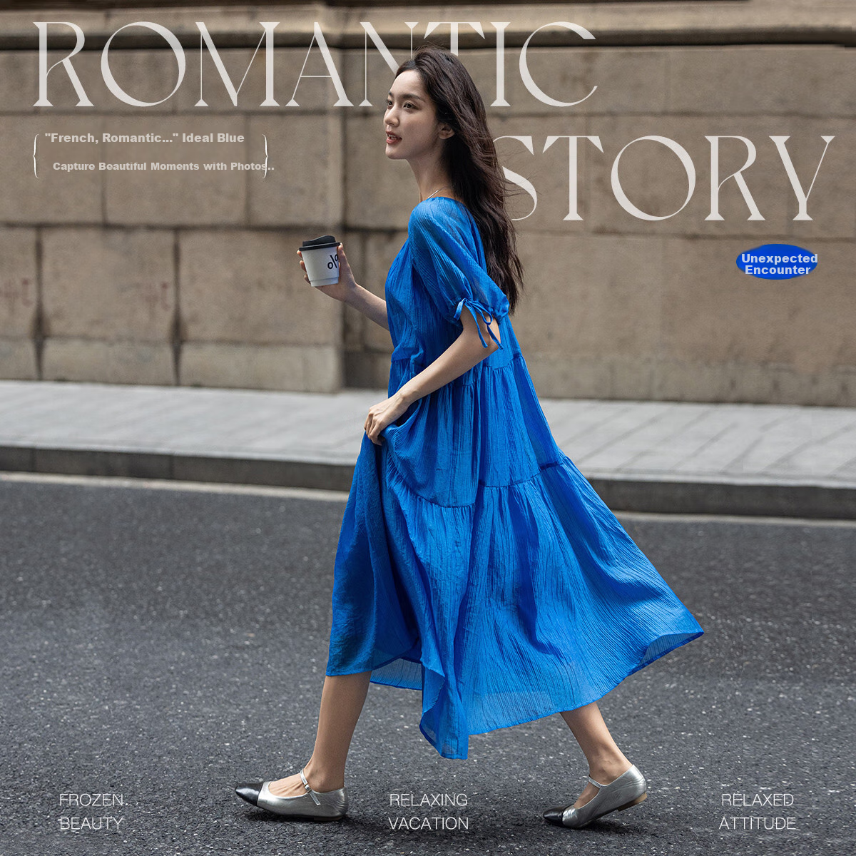Dme Relaxed Fit Round Neck Long Dress Summer Vacation Fabric Textured Sleeve Cuff Drawstring Design Dress