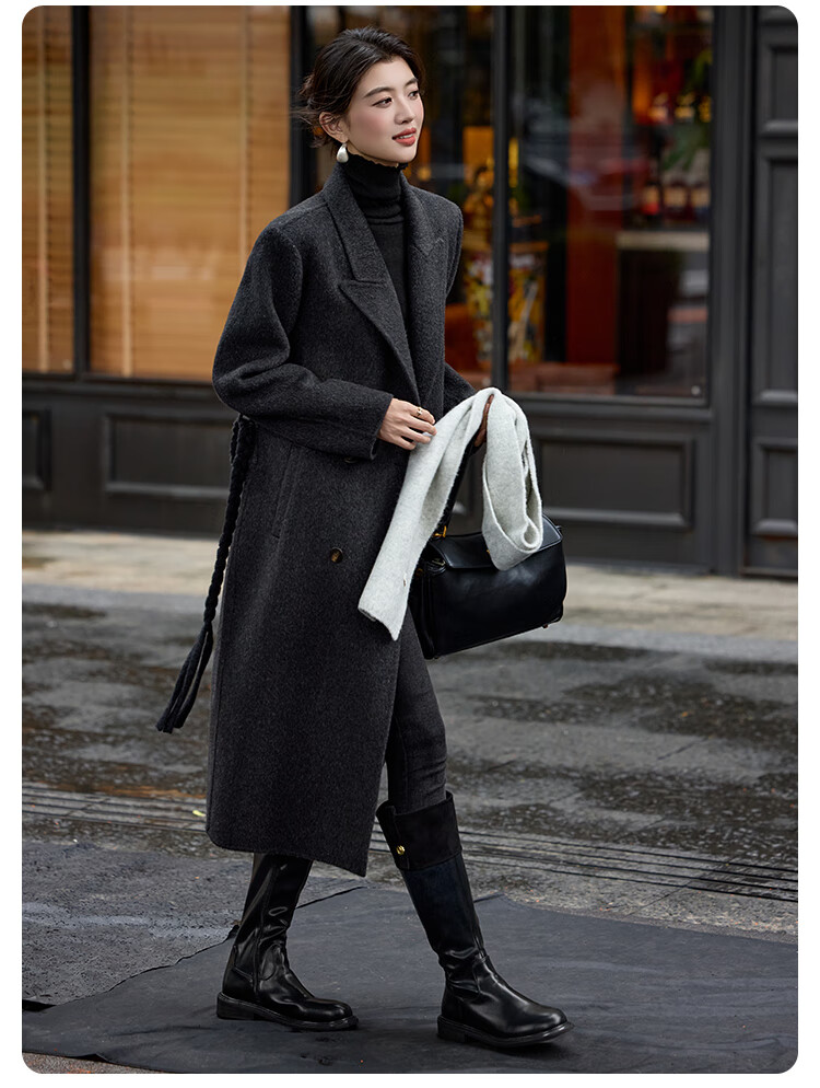 Bailuyu Wool Double-Faced Coat with Suit Collar, Straight Slim Fit, Winter 2025 New, Dark Gray, Women's M 14