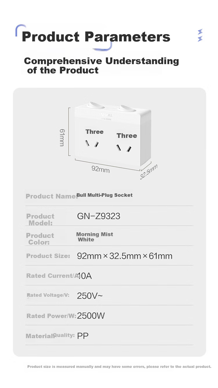 BULL Power Strip Extension, Multi-Outlet Adapter, Converter Plug, Power Bar, Suitable for Bedroom And Kitchen, 3 Outlets without Switch, GN-ZA221 9