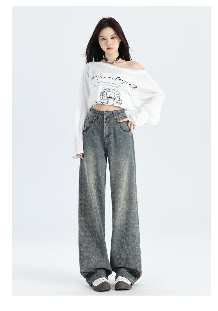 Langsha Women's Straight-Leg Jeans 2025 New High-Waist Petite Retro Premium Starry Pattern Narrow and Loose Wide-Leg Pants 12