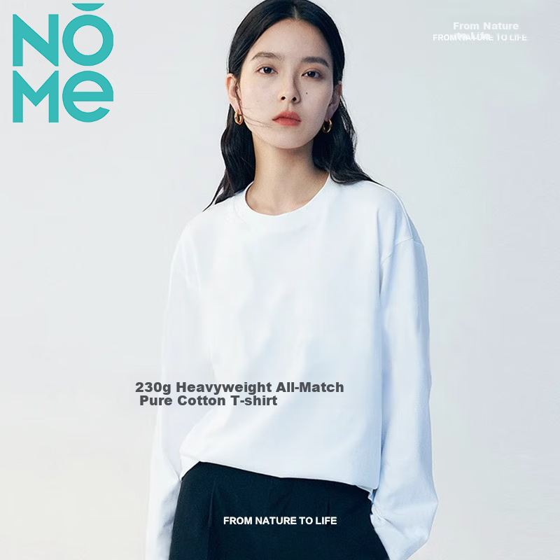 NOME White Pure Cotton Long-Sleeve T-Shirt, Women's Inner Layer for Autumn, Loose-Fitting Round Neck Solid Color Base Shirt, White, M 3