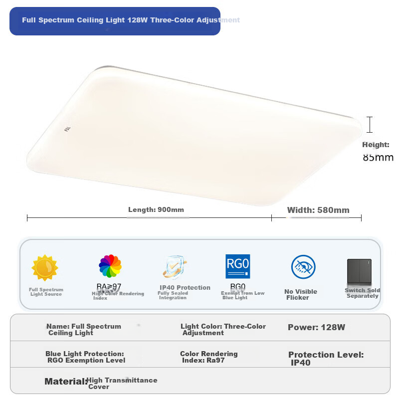 Foshanzhaoming LED Ceiling Light for Living Room, High CRI 97, Tri-Proof Color Adjustable 128W Fengchong