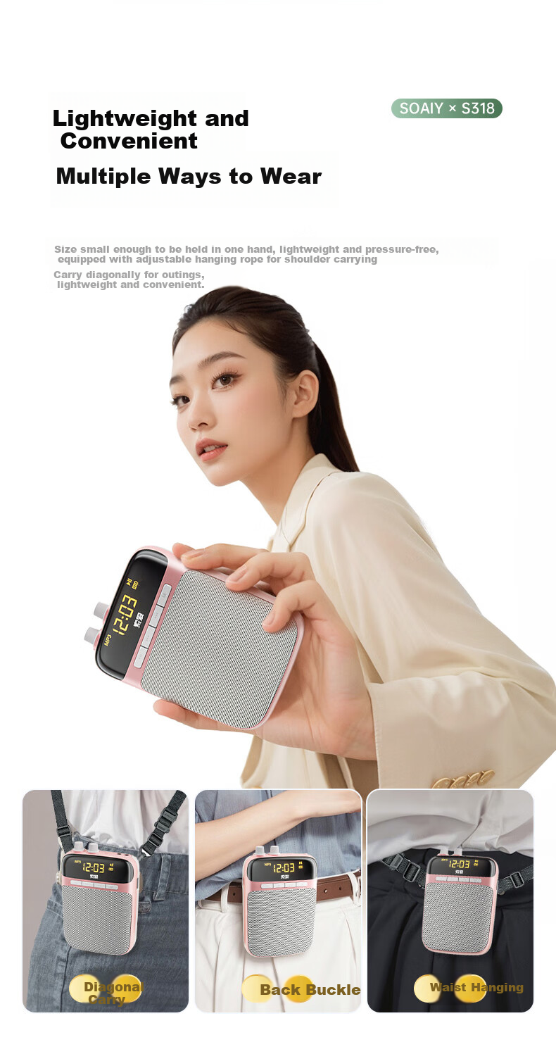 Soaiy S318 Small Bee Amplifier, Teacher-Specific Bluetooth Speaker, Teacher's Teaching Loudspeaker, Waist-Mounted Microphone, Tour Guide Portable Megaphone, Gift for Hailing, TF Card And USB Drive, Black 13