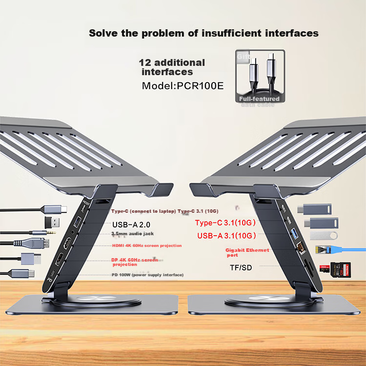 Hanzichen Laptop Stand with 12-Port Type-C Hub, Dual 4K 60Hz HD Screen Mirroring, PD100W Power Supply, USB3.1 Data Transfer, Gigabit Ethernet Port, Aluminum Alloy Vertical Stand 3