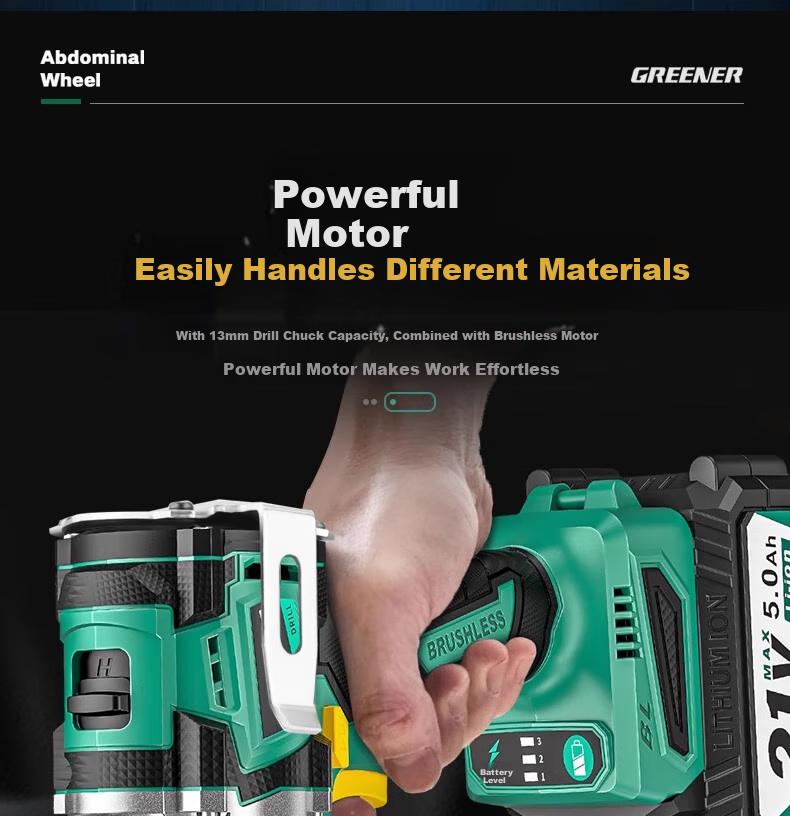 GREENER 21V Brushless Steel Cannon Lithium Drill, 55N.M Electric Drill, Rechargeable, Multi-Functional [Includes 27 Drill Bits] 15