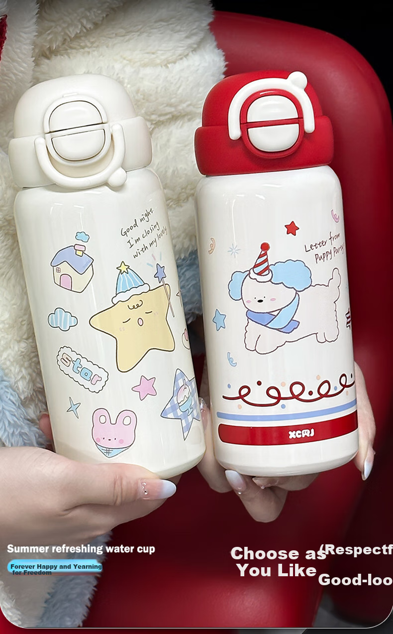 JIWUSENLIN Children's Insulated Cup Large Capacity Water Bottle for Boys And Girls with 304 Stainless Steel Cold-Keeping Straw Cup White 500ml 7