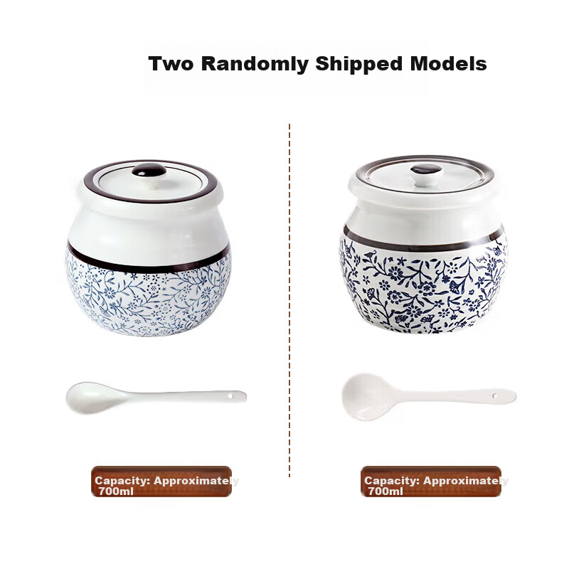 BJ Ceramic Large Capacity High-Temperature Resistant Seasoning Jar, Lard Container, Chili Pepper Jar, Chinese-Style Lard Bowl + Spoon, 700ml