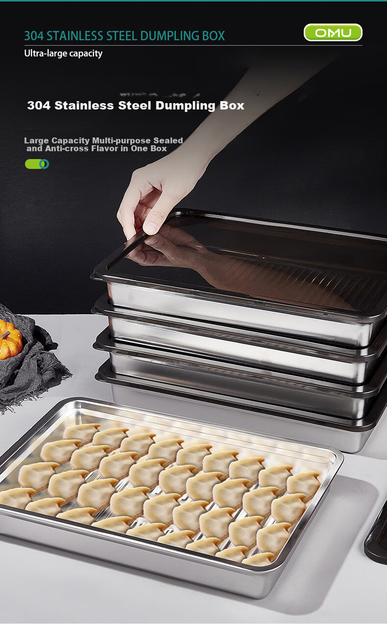 AOmeiyou 304 Stainless Steel Dumpling Box, Home Refrigerator-Specific Frozen Storage Container, Meal Prep Tray for Wonton, 1 Layer with 1 Lid 2