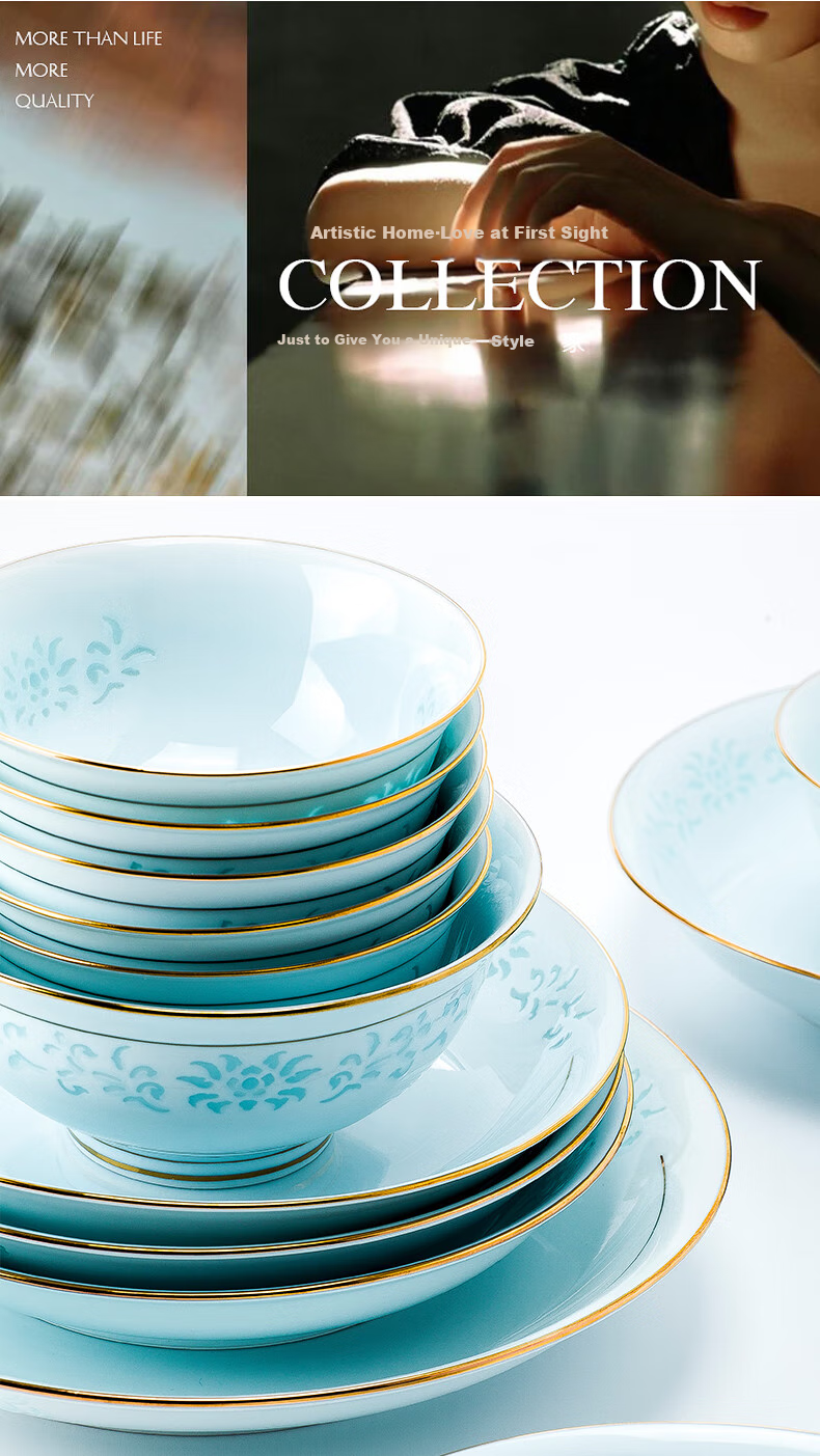 Guanpo New Gold-Rimmed Jingdezhen Underglaze Celadon Porcelain Delicate Bowl And Plate Set, Bone China Tableware Set for Home Use, Gift-Giving 12