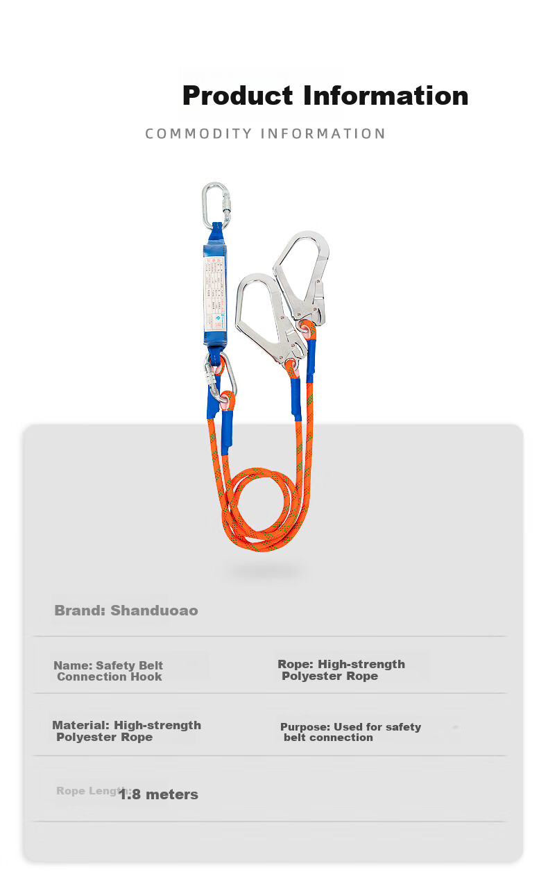 SHANDUAO Three-Point Safety Harness, AD8901 Single Small Hook, 1.8 Meters, Fall Protection for Working at Height, New National Standard 10
