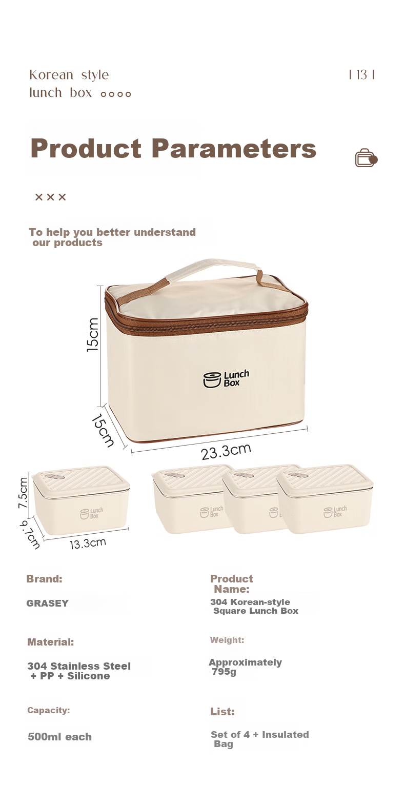 Guangyi 304 Stainless Steel Insulated Lunch Box for Office Workers And Students, Large Capacity Bento Box with 4 Compartments + Insulated Bag GY7289 15