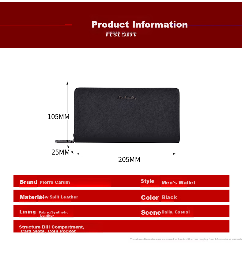 Pierre Cardin Men's Long Leather Wallet, Zipper Clutch, Gift Box, Black 6
