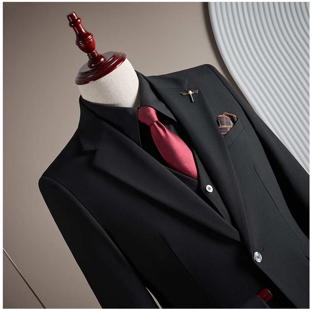 ROMON Men's Business Suit Set Blazer + Vest + Trousers Wedding Formal Jacket Black 3XL 21
