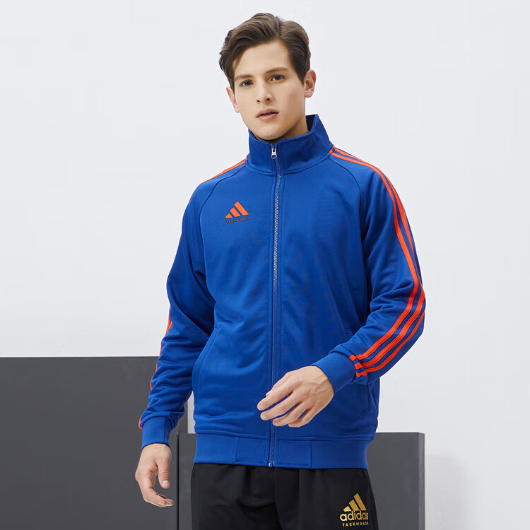 Adidas Men's Jacket, Spring And Autumn Running Sports Knit Stand-Collar Jacket, Outdoor Sportswear, Blue-Orange, 2XL 3