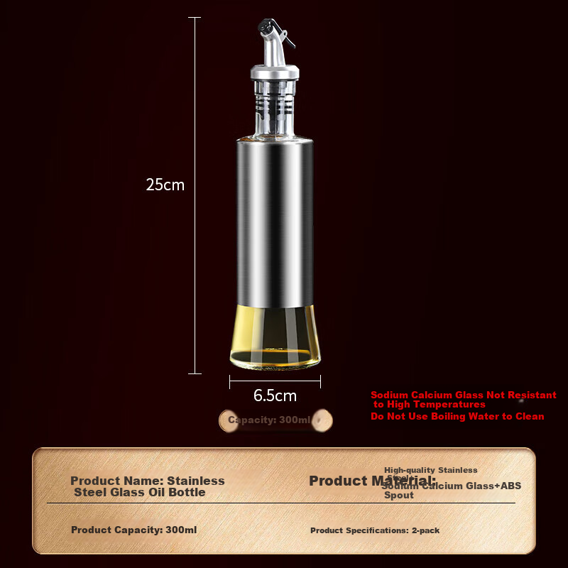 BJ Glass Oil Dispenser Set with Stainless Steel Bottles, 300ml*2, Soy Sauce And Seasoning Bottles, Vinegar Jug, Leak-Proof Oil Pourer, Non-Drip Oil Dispenser