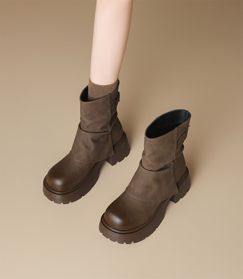 ZHR Women's Winter Martin Boots Thick Sole Stacked Short Boots Fleece-lined Pants Tube Western Knight Boots KN191AG Brown Size 36 6