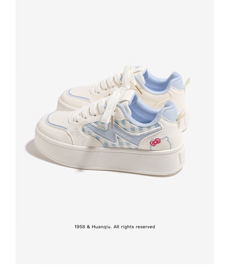 Huanqiu Thick-Soled Versatile Casual Shoes, 2025 Autumn New Style Plaid White Sneakers, Lightweight Student Skateboard Shoes for Women, Beige Blue, Size 38 6