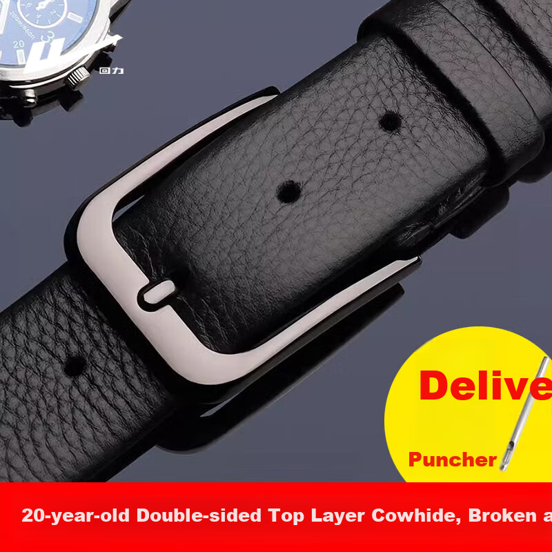 Huili Men's Belt, Top-Grain Leather, Pin Buckle, Pure Cowhide, Fashionable Versatile, Youth Light Genuine Leather Waist Belt
