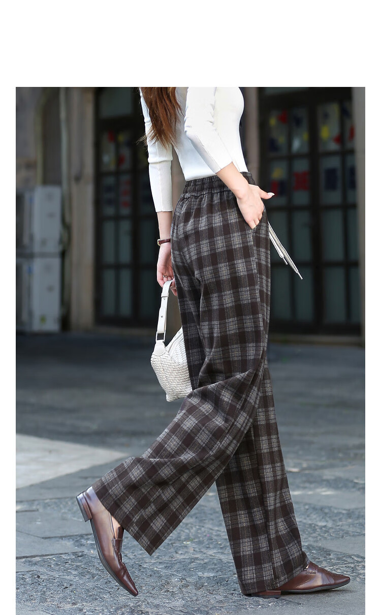 Demana [Inspiration Plaid] Autumn College Style Drawstring Elastic Waist Loose Fit Relaxed Wide-Leg Petite Women's Casual Pants 2