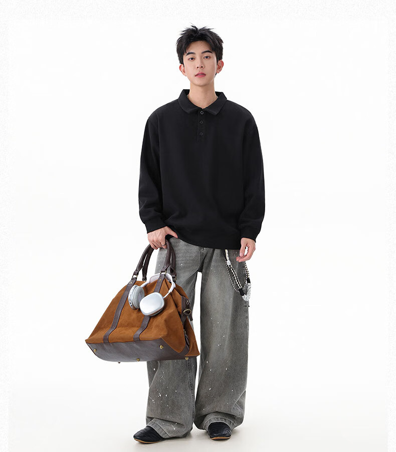 Dingfengbaoluo Heavyweight Polo Collar Sweatshirt Men Autumn Winter Trendy Casual Loose Simple Solid Color Top DQZ10 Black XL 12