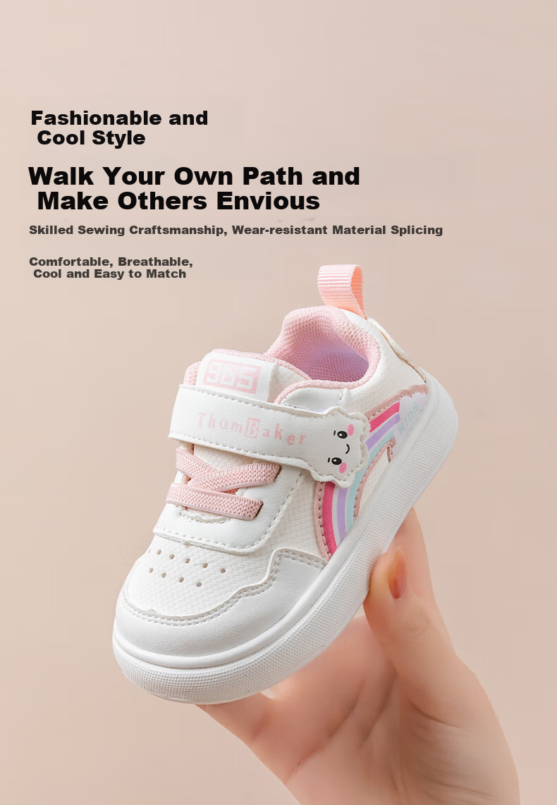 ThomBaker Baby Walking Shoes for Boys And Girls, Spring Season White Sneakers, Toddler Functional Shoes, Non-Slip for Ages 1-2, Sky Blue Rainbow Color, Size 16 3