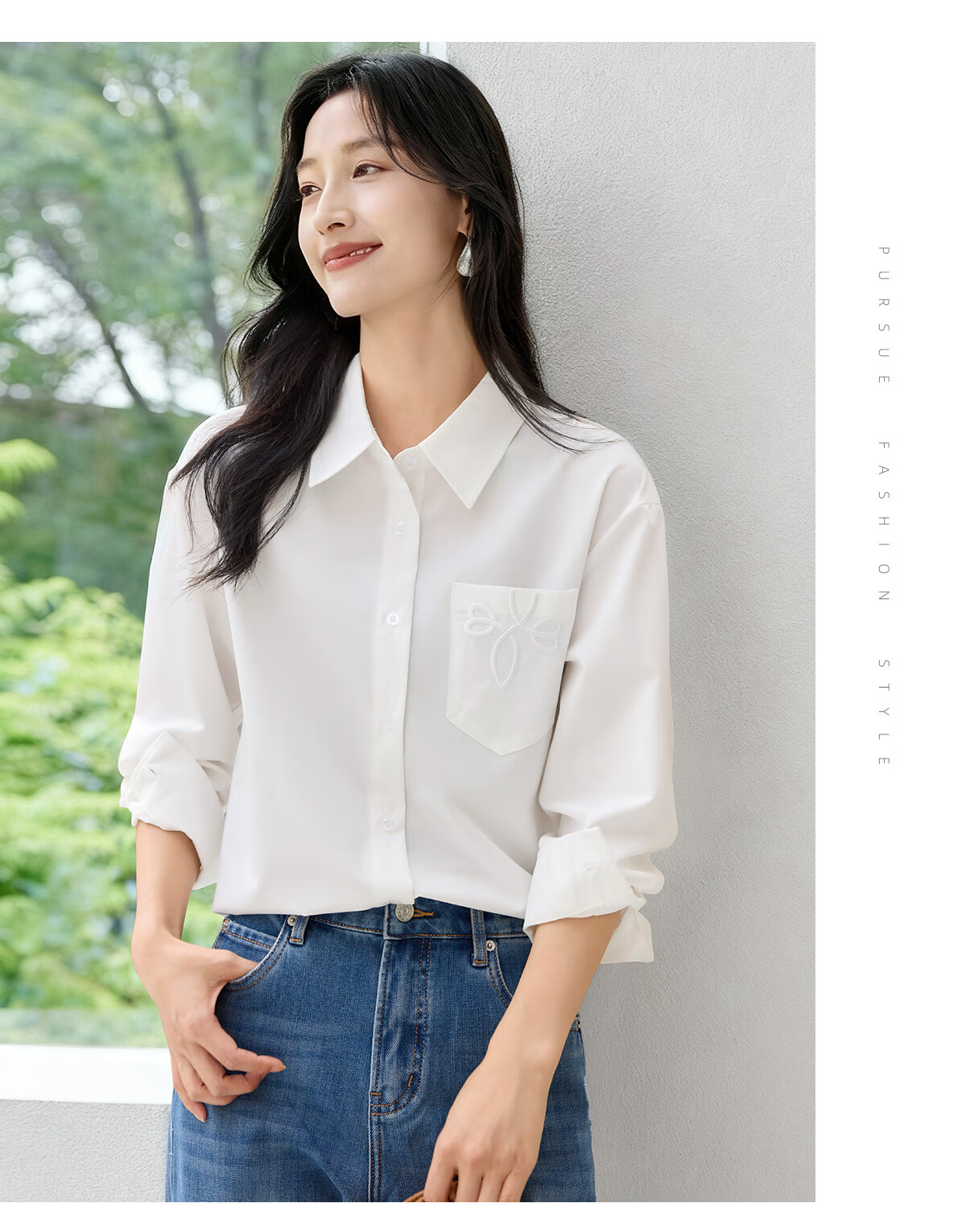 Chushen Women's Spring and Autumn Long Sleeve Shirt Embroidered Pocket Design Loose Simple Commuter Blouse S143C2031 17