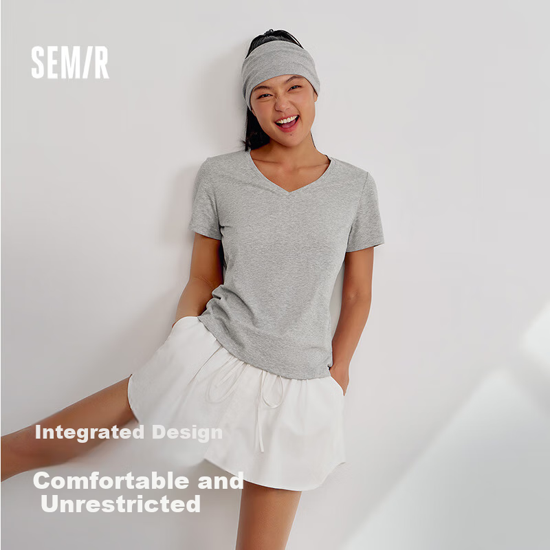 Semir Women's Short-Sleeve T-Shirt, Cool-Feeling Antibacterial Regular Shoulder Slim Fit, Summer 2026 Slimming V-Neck White Base Layer, 109326100002