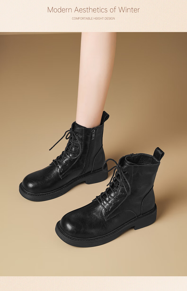 ZHR Women's Martin Boots Winter Flat Knight Short Boots British Slim Fleece Warm Leather Shoes KR10A Black 35 3
