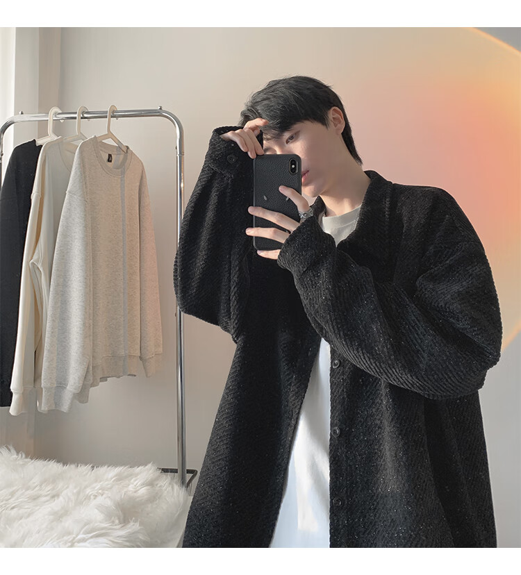 Dingfengbaoluo American Style Fishbone Pattern Jacket Men Autumn Lapel Loose Textured Casual Long Sleeve Shirt XJM65 Black M 16