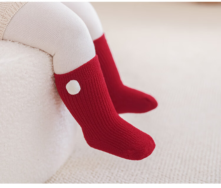 Five Cotton Flowers Children's Socks Red Socks for Birth Year Autumn Winter Baby Socks Fleece Thickened New Year Seamless Mid-Calf Baby Socks 13