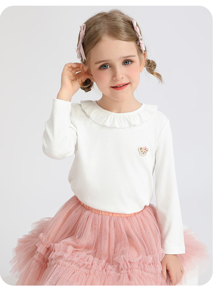 Classic Teddy Girls' Long Sleeve T-Shirt with Lace Collar, White, Size 130 14