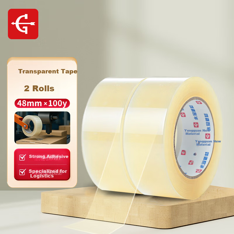 Yongguan Transparent Tape for Packaging, Sealing Express Boxes, Wide Adhesive Tape for Goods, Factory Warehouse Moving, 48mm*100y (91.4m/roll) *50um*2 Rolls, Complies with EU PPWR