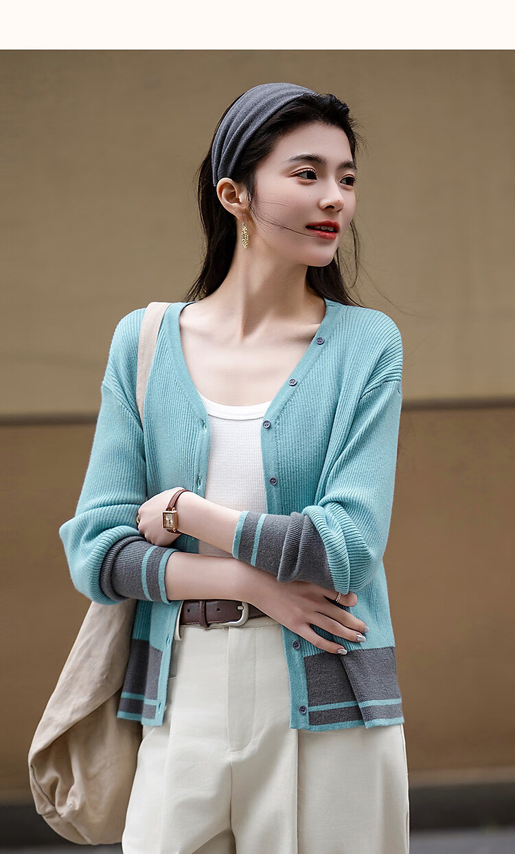 Demana Soft Wool Blend Spring Autumn Gentle V-Neck Colorblock Cardigan Drop Shoulder Knit Top for Women 6