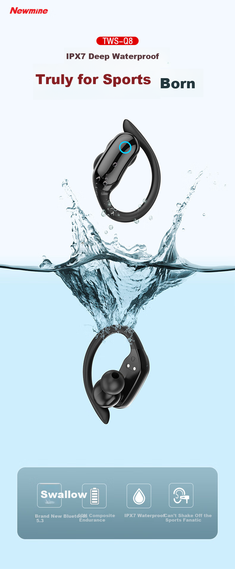 Newmine Bluetooth Earphones, Over-Ear Style [Washable], Long Battery Life, In-Ear Wireless Headphones, Sports Noise-Cancelling, Suitable for Calls, Compatible with Apple, Huawei, Xiaomi 1
