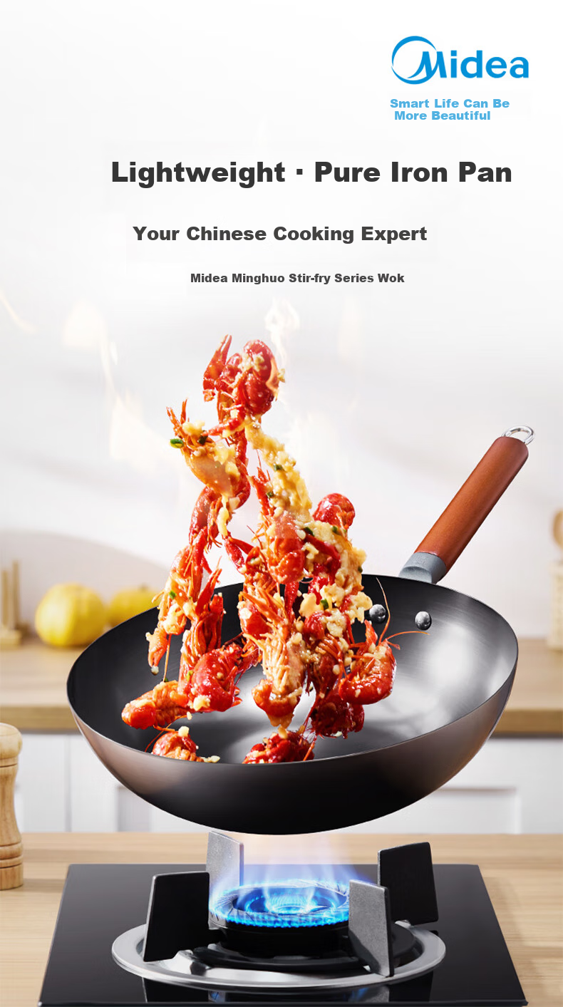 Midea Cast Iron Wok Healthy Non-Coated Iron Stir-Fry Pan 32cm for Home Gas Stove and Induction Cooker 2